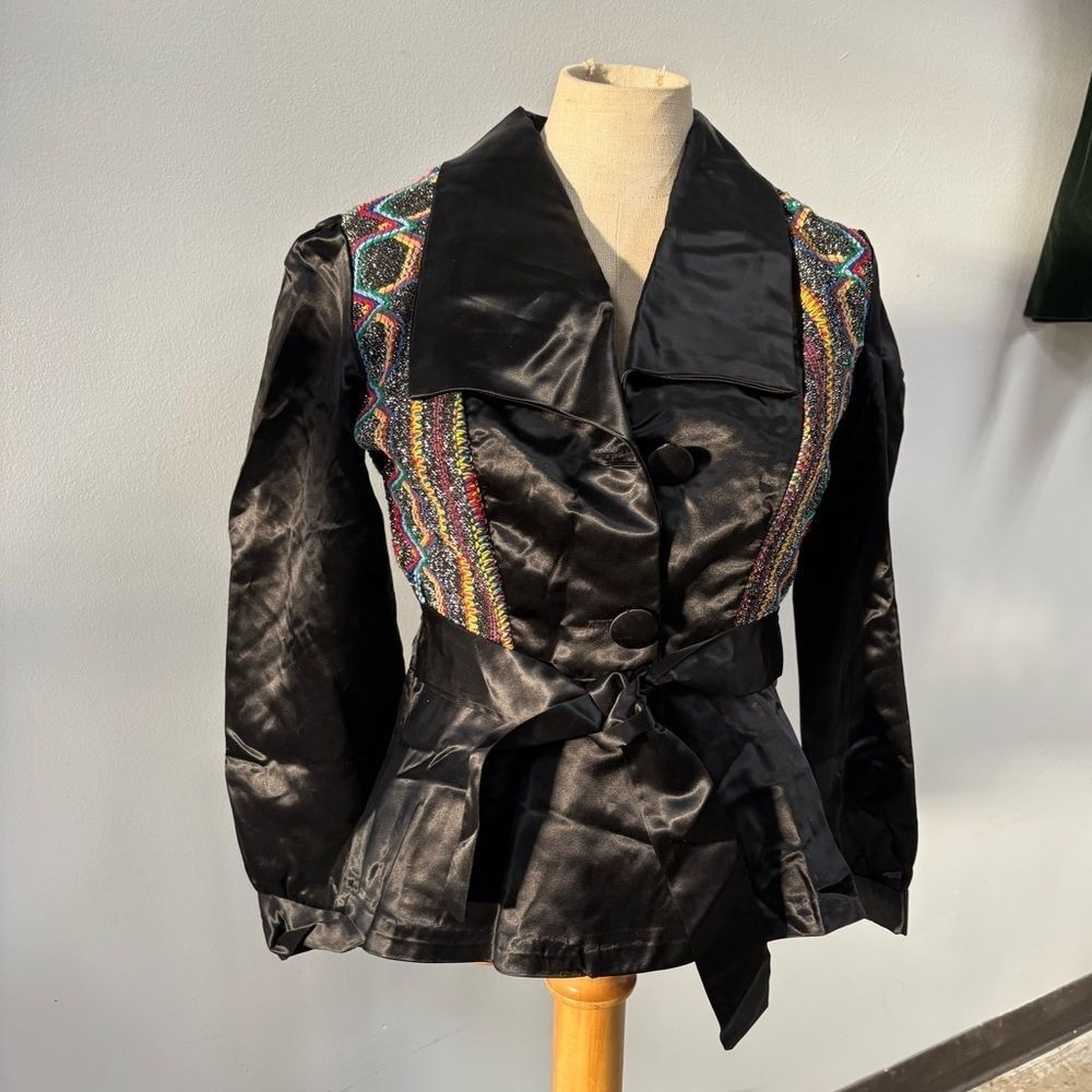 Vintage 1970s Shiny Knit Black Jacket 70s Disco  Baby Doll Top